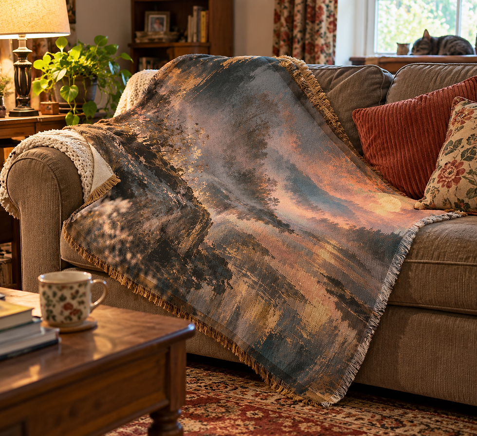 A richly colored throw blanket featuring AI-assisted artwork created under the art direction of Coffman & Watson, in charcoal, copper, dusty blue and gold, drapes over a well-loved brown sofa. Mismatched pillows, a vintage rug, houseplants, a wooden coffee table and a sleeping cat complete the cozy, lived-in living room.