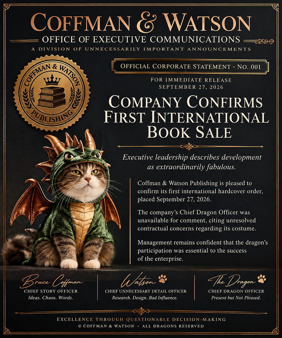 A gloriously over the top graphic pretending to be a very professional corporate style press release announcement featuring an unwilling cat dressed in a dragon costume.