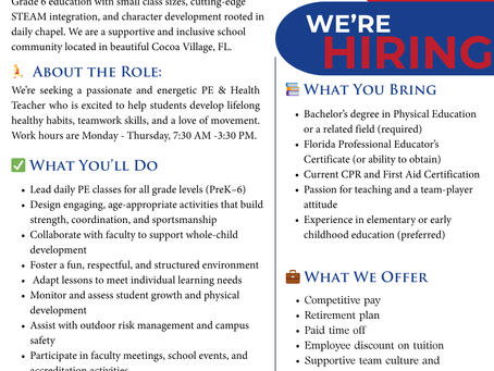 🏃♂️ We’re Hiring a PE & Health Teacher! 👟