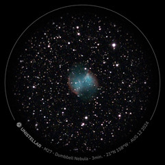 A telescope view of the Dumbbell Nebula, showcasing its distinct, hourglass-shaped structure. The image reveals the nebula's glowing, expansive shell of gas and dust, with intricate details and vibrant colors that highlight the processes of stellar evolution and the central star’s impact on the surrounding material.