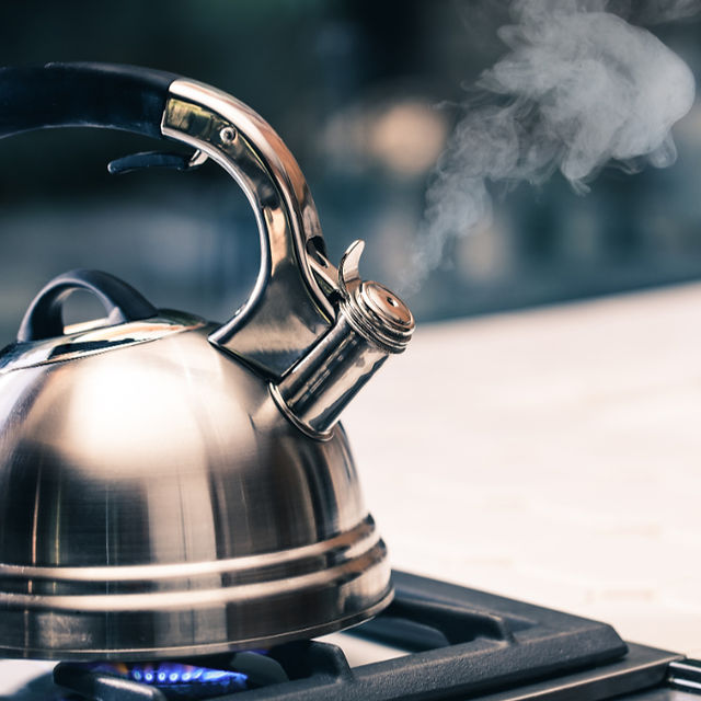 Stainless steel tea kettle: a sleek stainless steel tea kettle on a stove, exemplifying modern design.