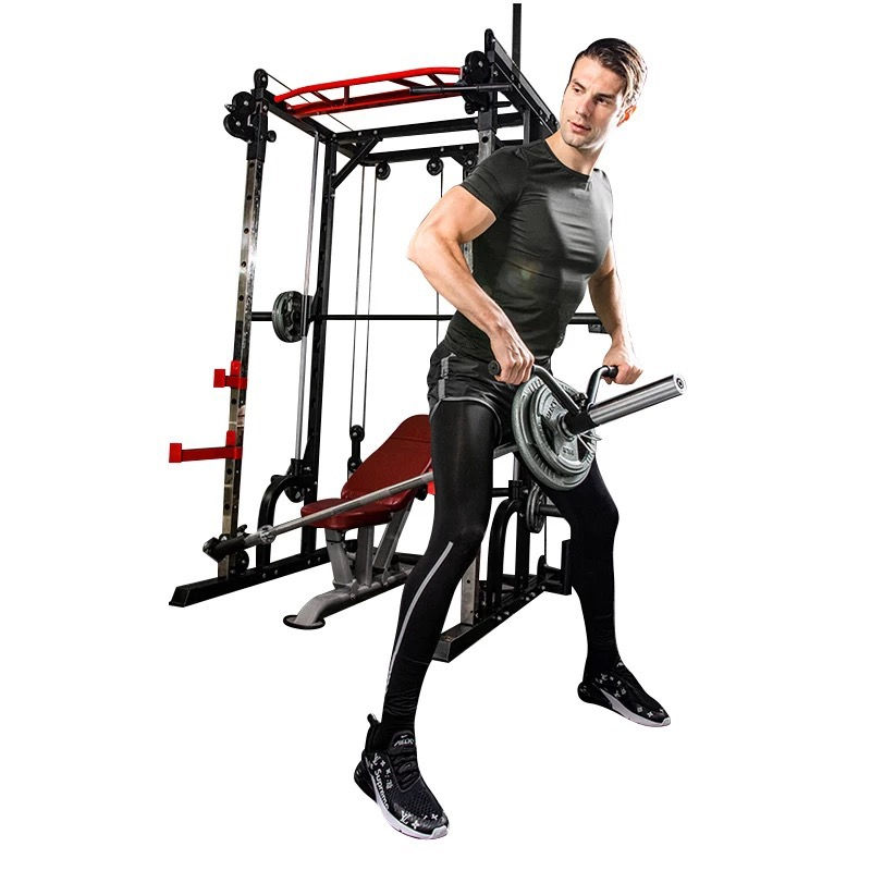 Thumbnail: Smith Machine Cage System Home Gym Multifunction Rack with Bench and Barbell Set