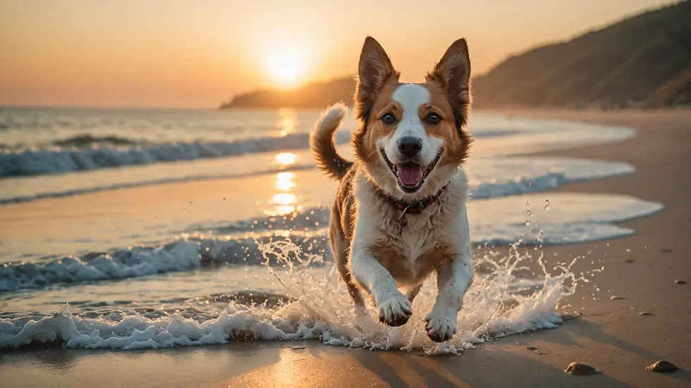 A happy dog playing on the beach