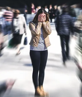 Panic attack in public place_ Woman having panic disorder in city_ Psychology, solitude, f