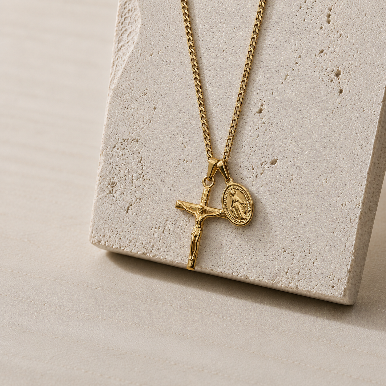 Stainless Steel Necklace with a Crucifix and a Miraculous Medal.