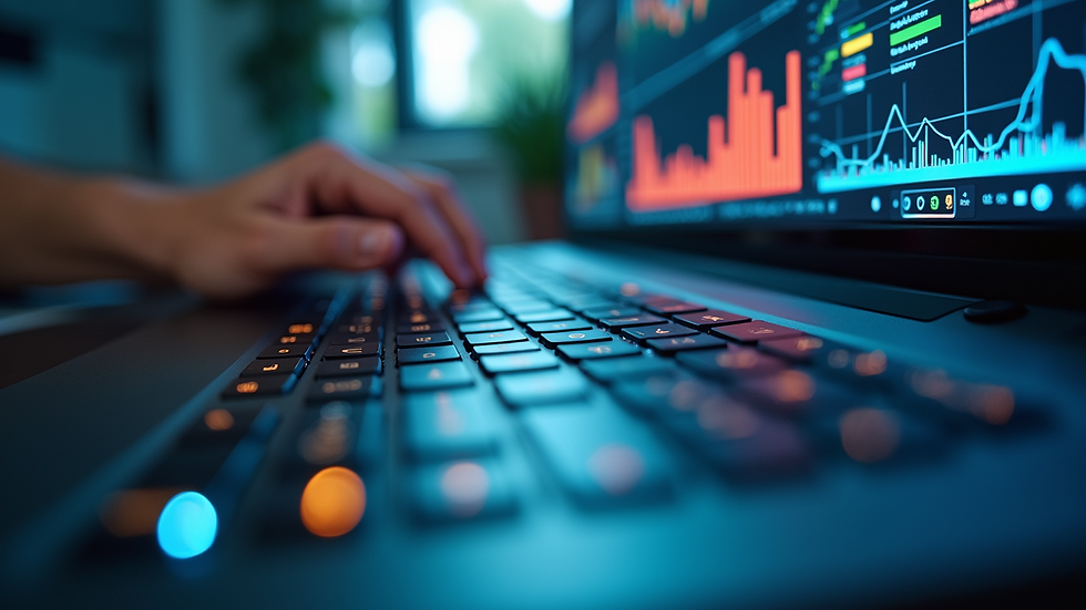 Plano detalle de un teclado y pantalla con gráficos de análisis de datos