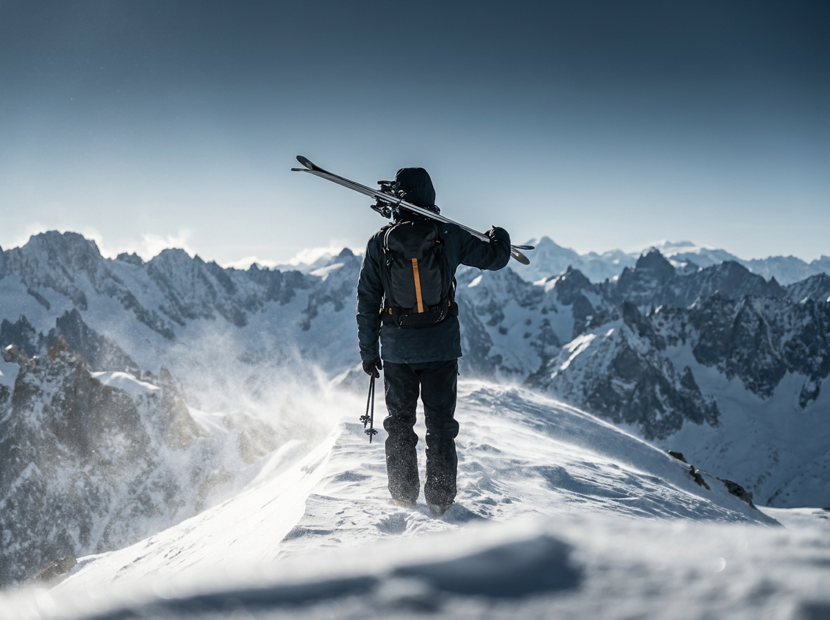 The instructor seen from behind on a windswept ridge, skis over one shoulder, looking out across the range