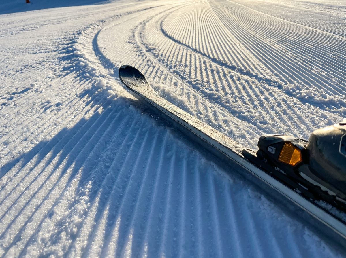 Ski edges cutting clean arcs into firm morning corduroy