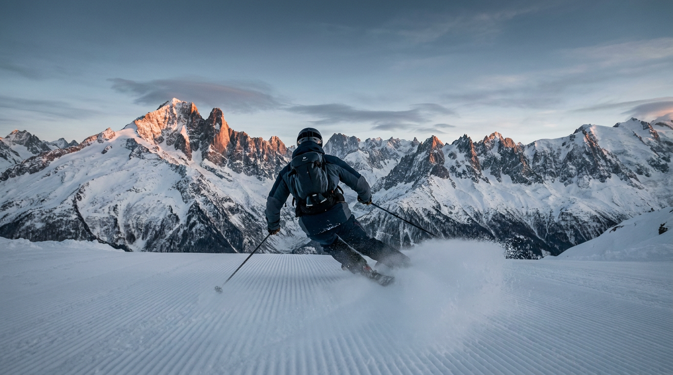 A skier seen from behind carving a deep-edged turn down an empty groomed piste at first light, alpine peaks ahead