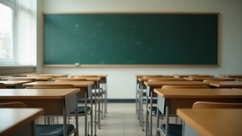 Eye-level view of a classroom with empty desks and a blackboard