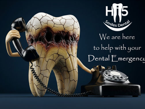 Cracked tooth holds a phone, dialing an emergency. Text: "We are here to help with your Dental Emergency." Blue background.