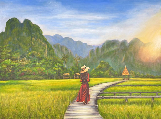 Girl walking in Laos painting