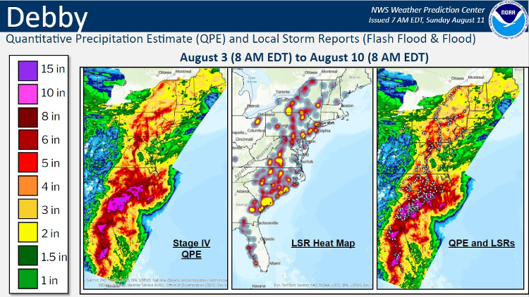 NWS precipitation map for Hurricane Debby