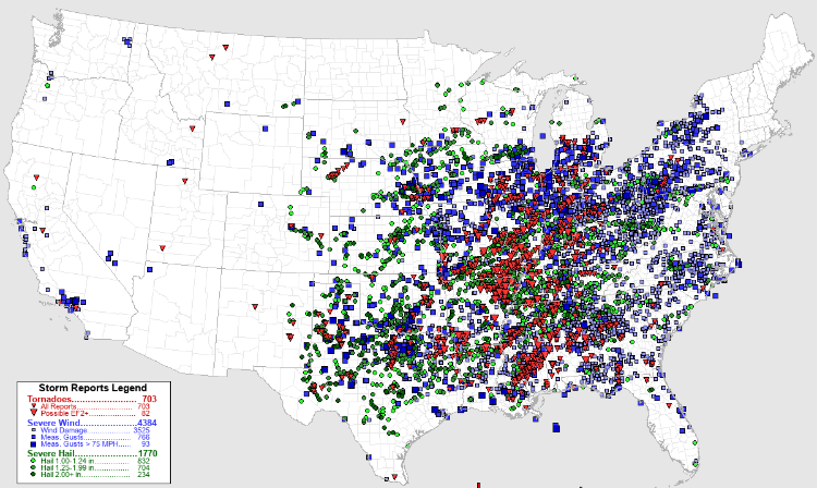 NOAA Storm Prediction Center map of the US showing severe weather events from January to May
