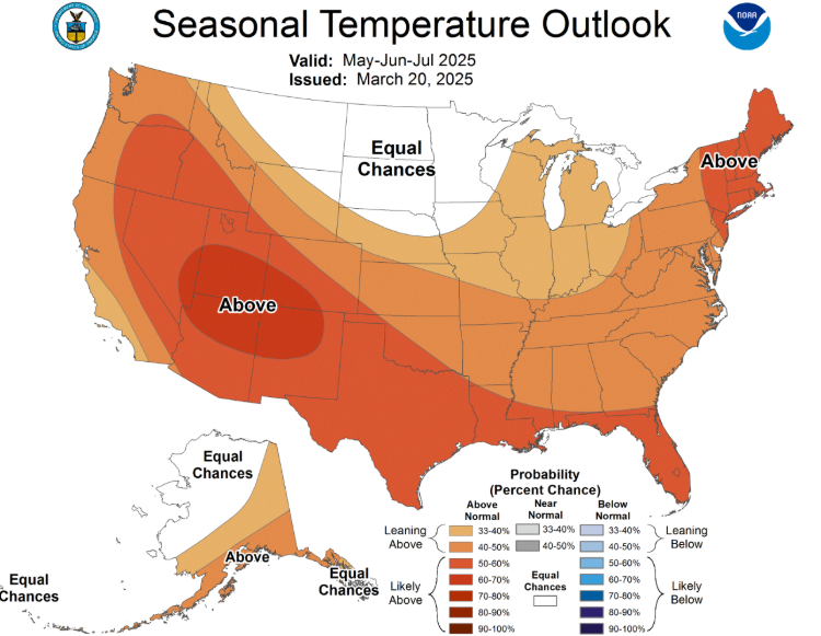 US temperature outlook map for May-July 2025