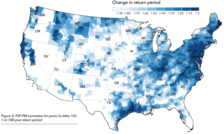 First Street US county flood risk corrections due to climate change