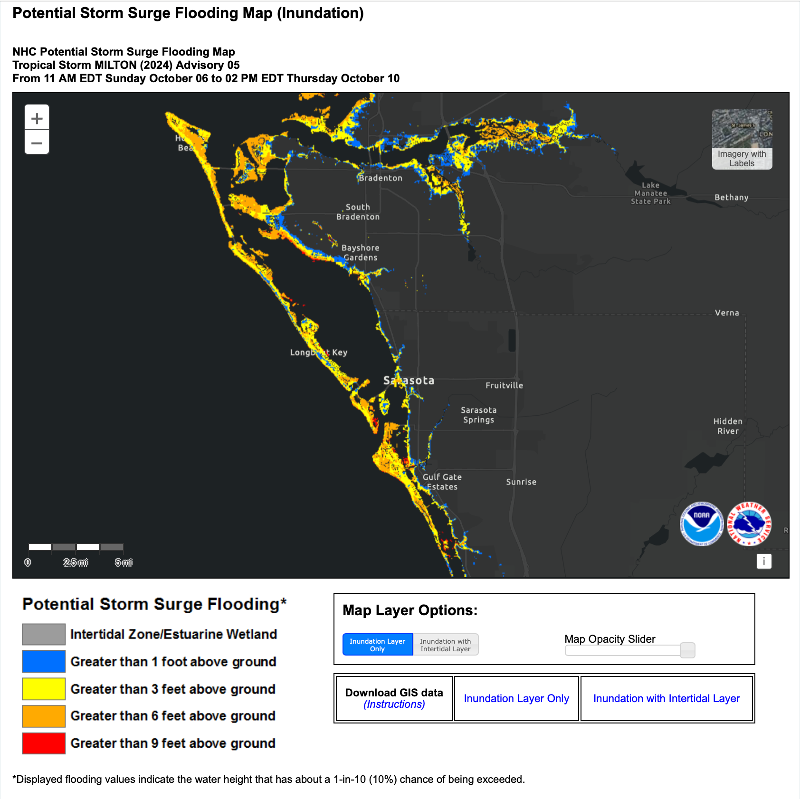 TS Milton storm surge forecast 10-06-2024