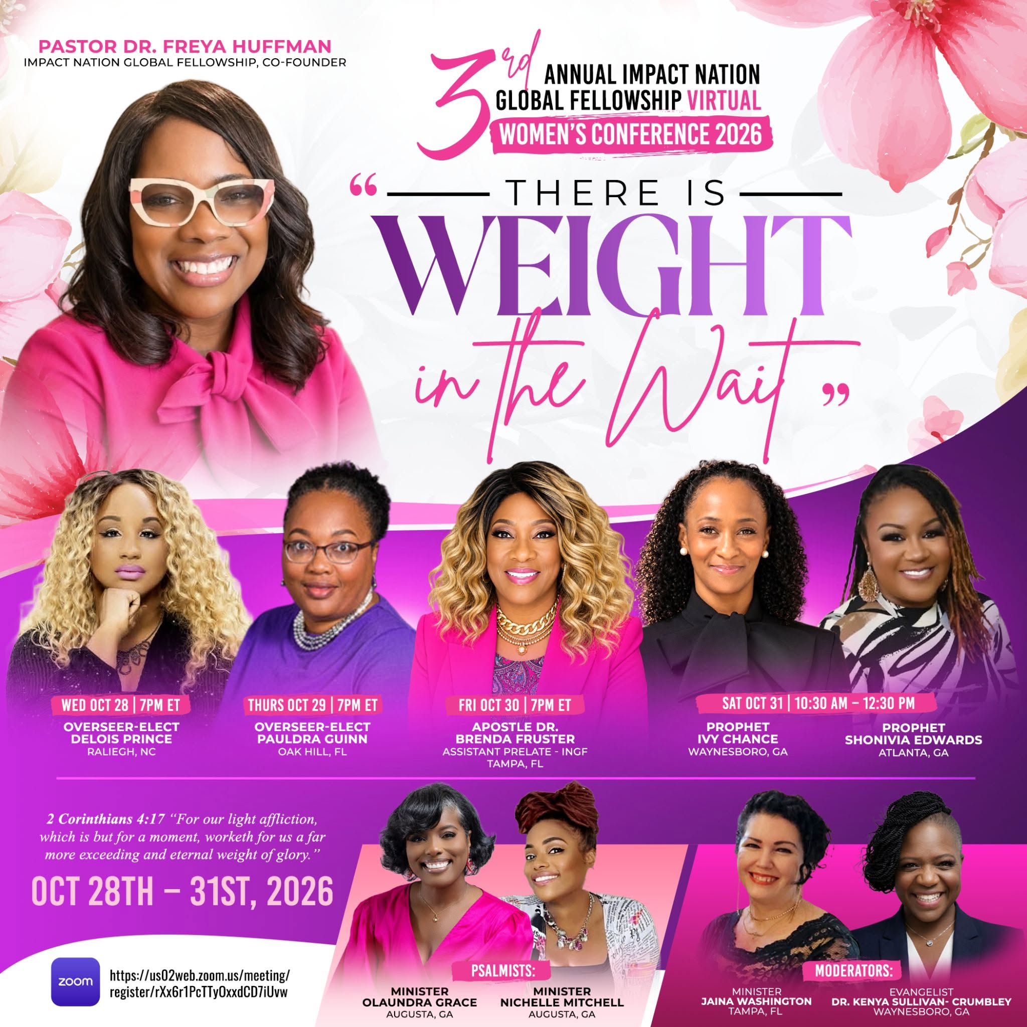 Third Annual Impact Nation Global Fellowship Virtual Women’s Conference 2026 flyer: There Is Weight in the Wait, hosted by Pastor Dr. Freya Huffman, October 28–31. Full schedule and registration follow.