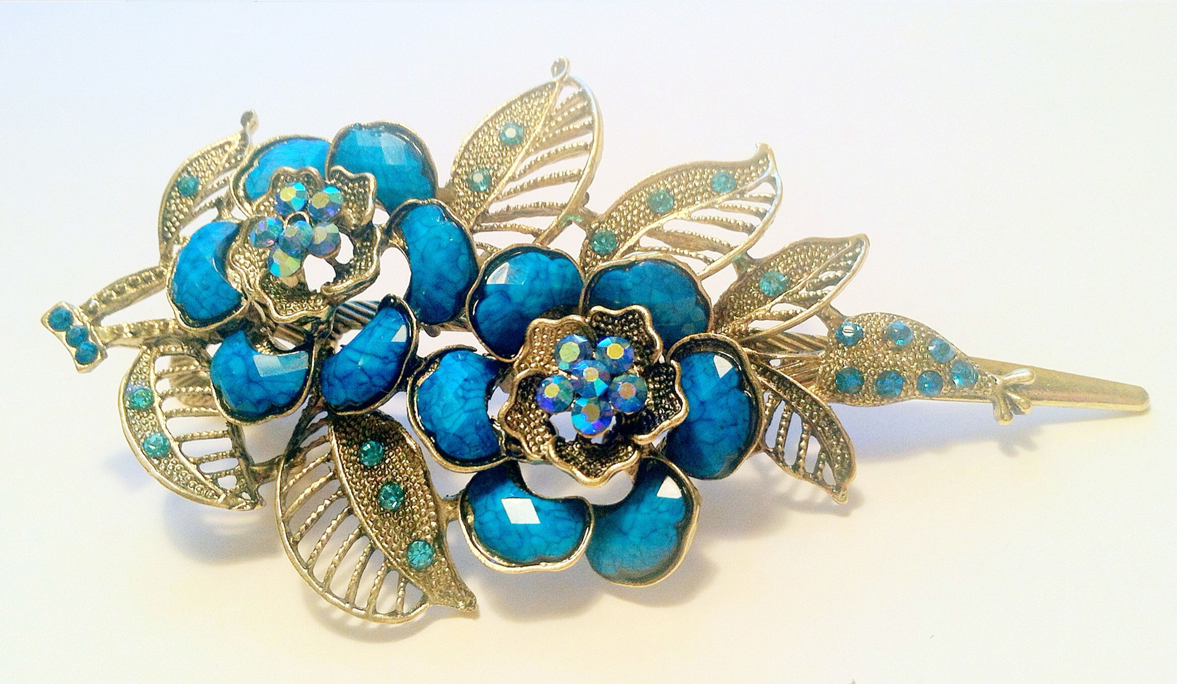 1 pc of Rose Flower Design Hair Clip Blue Crafted with Acrylic Beads & Rhineston