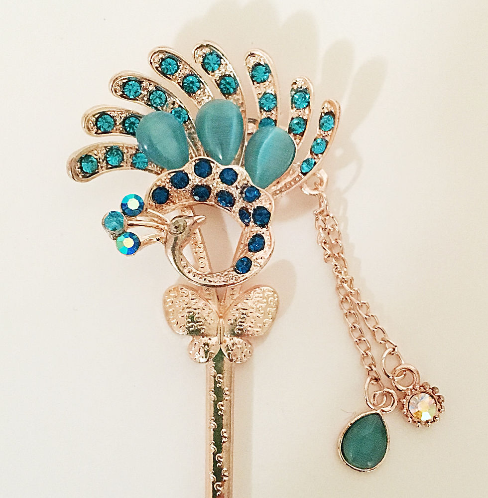 Thumbnail: Peacock  design Hair Stick in Gold Tone with Rhinestones and Imitation Jade bead