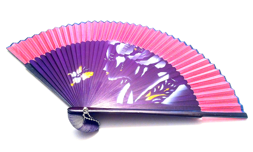 Thumbnail: Hand Spray Painted Bamboo and Silk Hand-fan Brown with Geisha Girl Design