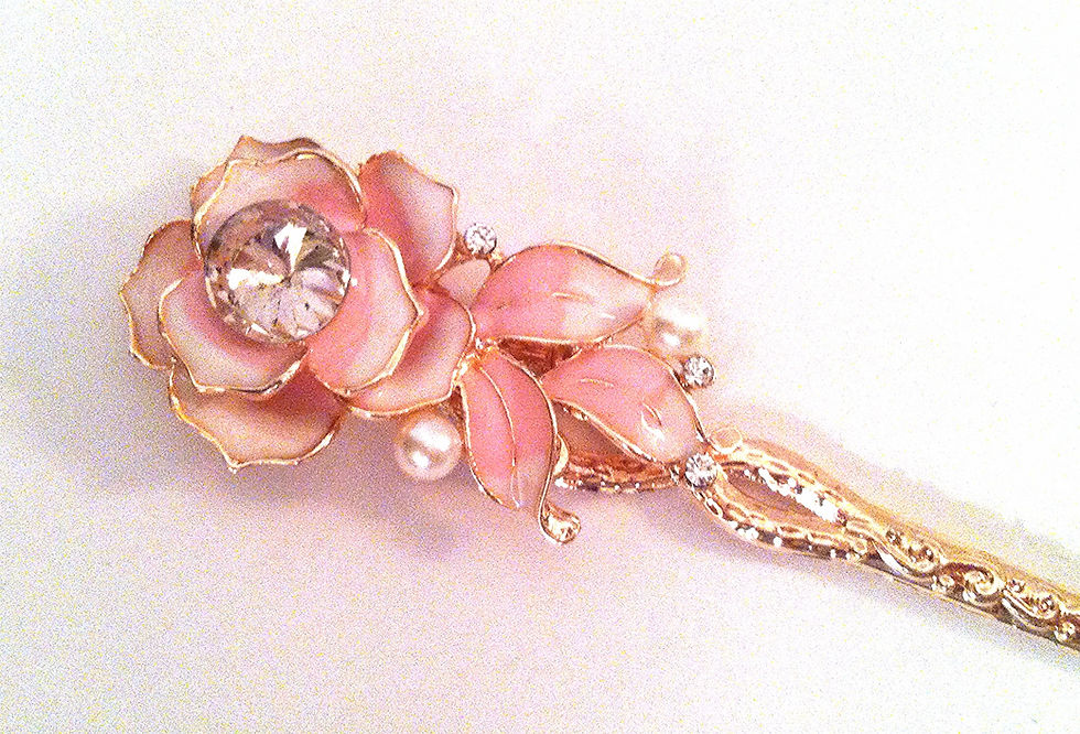 Thumbnail: Enamel Rose and Flower design Hair Stick in Gold Tone w Crystal and Pearl   Acce