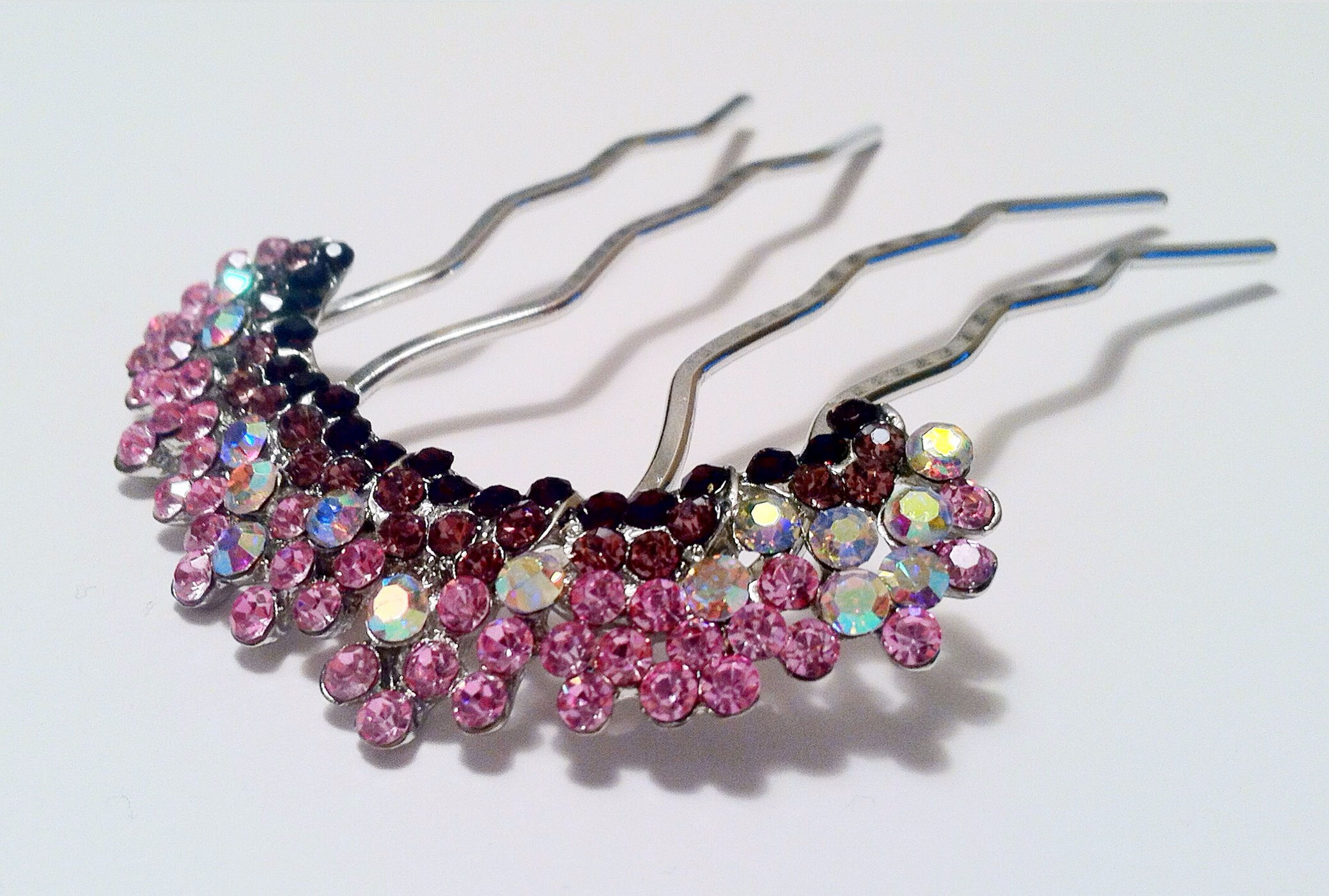 Crown Design Bridal Hair Comb Stick Crafted with Pink Rhinestone