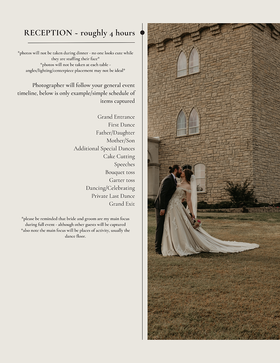A ceremony timeline with a silhouette of a bride and groom kissing near a window. The timeline includes details like the processional, first kiss, and recessional.
