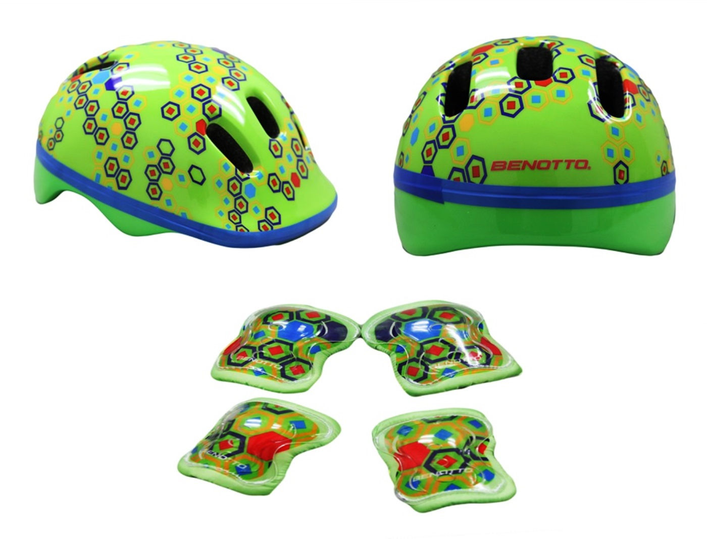 Casco BENOTTO CHILD KIT Verde Hexagonos con Coderas/Rodilleras