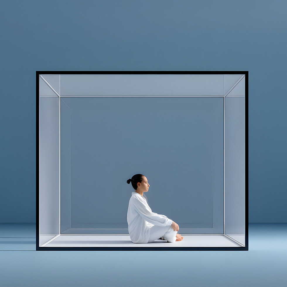 Person in white sits calmly in a transparent cube against a light blue background, creating a serene, minimalist scene.