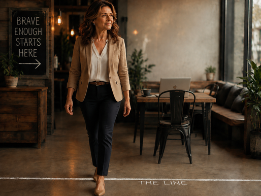 Confident woman in a tan blazer walks through a cozy café; chalkboard reads BRAVE ENOUGH STARTS HERE, with THE LINE on the floor.
