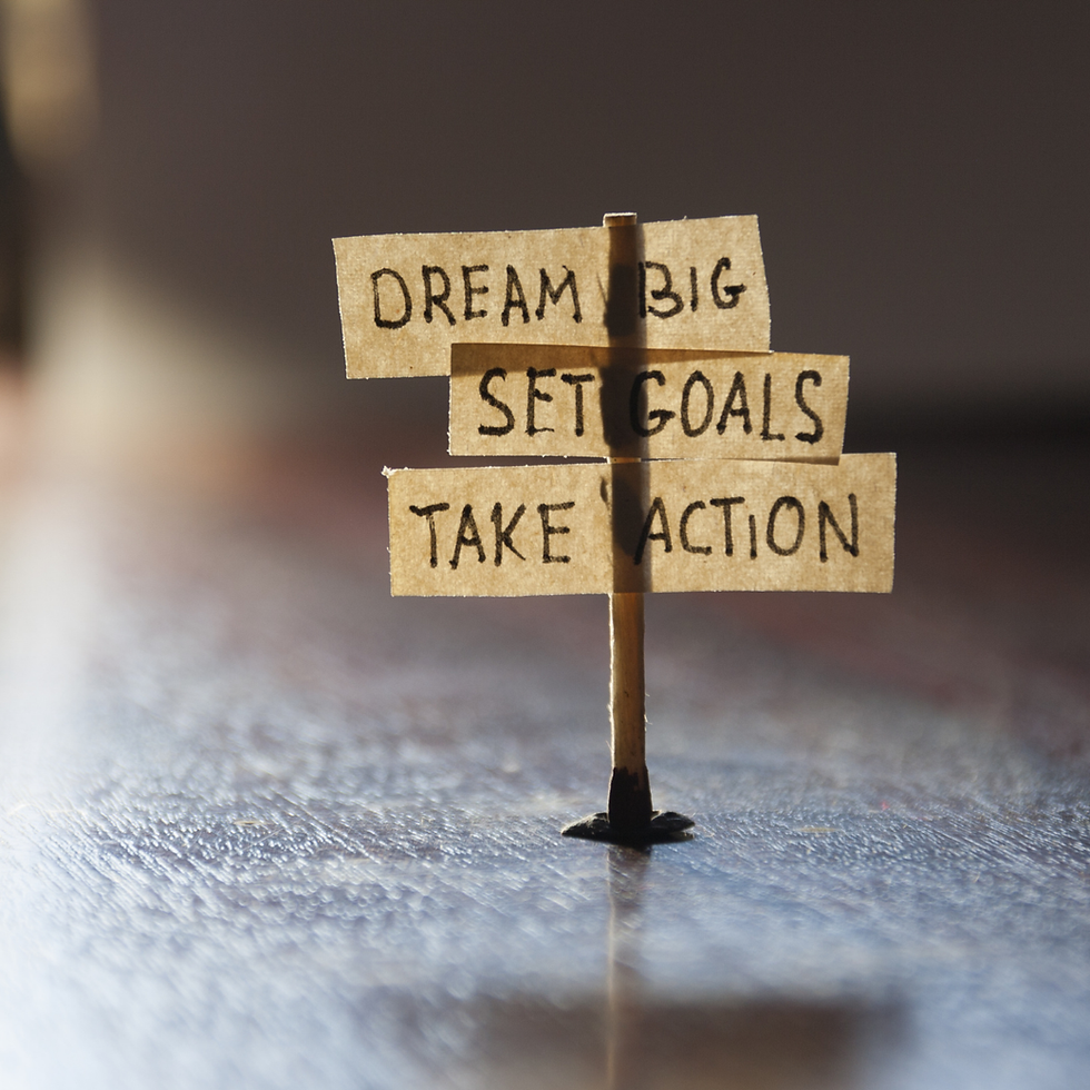 Small signs on a stick read: "Dream Big," "Set Goals," "Take Action." Placed on a shiny surface with a blurred background, conveying motivation.