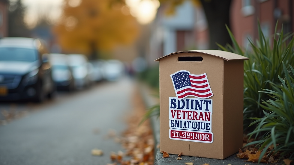 Close-up view of a charity donation box with veteran support stickers
