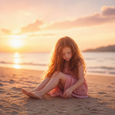 Menina com cabelo ruivo sentada na areia de praia ao pôr do sol, vestindo vestido rosa. Atmosfera serena e reflete contemplação.