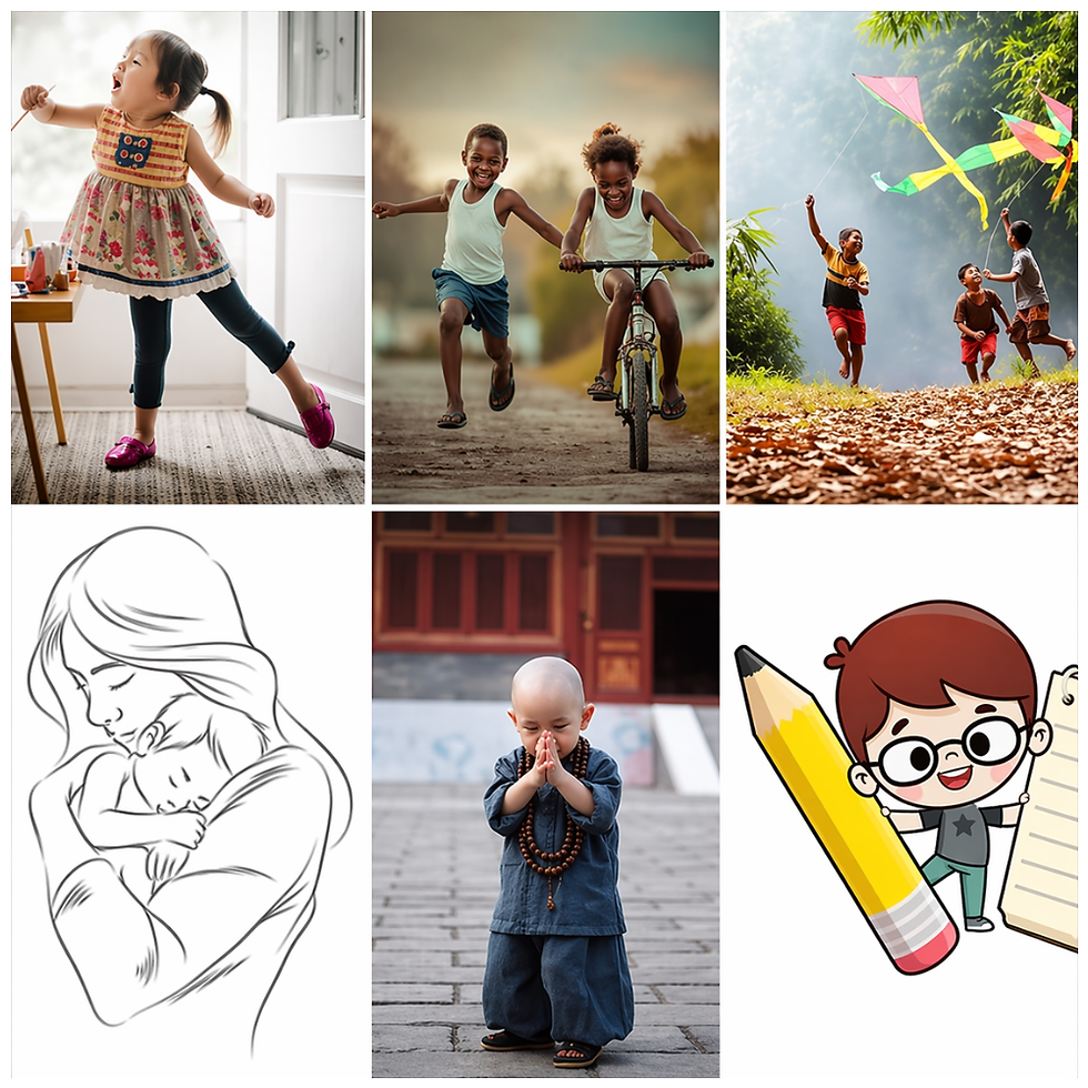 Colagem com menina dançando no quarto, duas crianças brincando ao ar livre, crianças soltando pipas, desenho de mãe com bebê, criança em postura de oração e ilustração de criança com lápis.