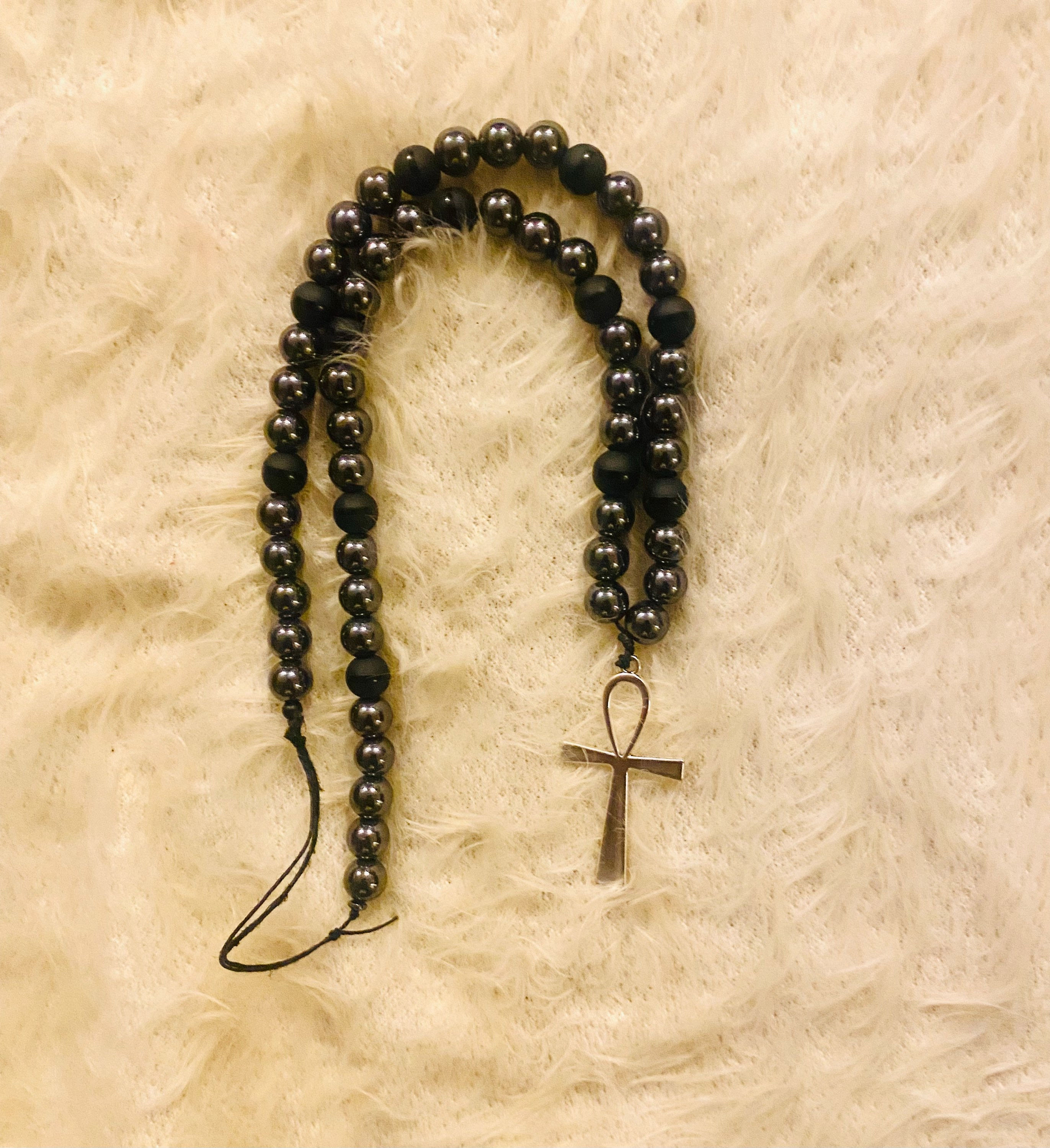 Ankh Hematite and Onyx Bead Necklace 25in