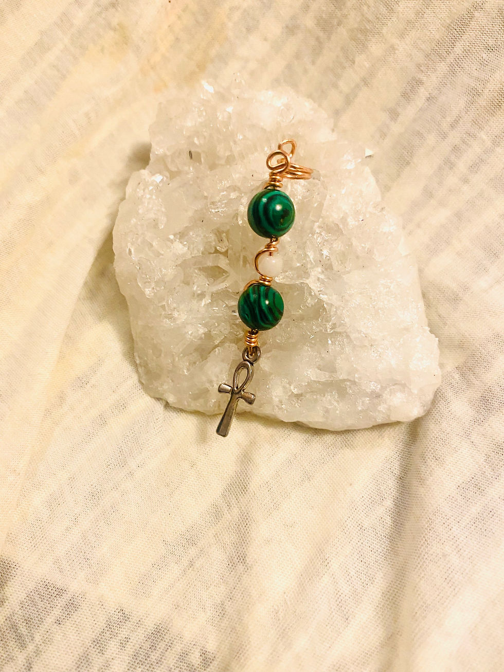 Thumbnail: Hair Jewelry| Malachite w/ Ankh Charm (S)