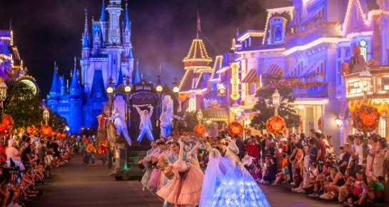 Main Street USA lit up in Halloween decor for the Boo-to-You Parade