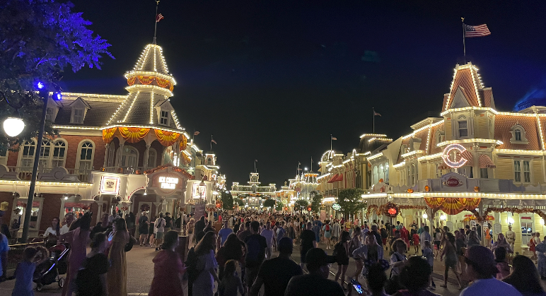 Main Street USA at the Magic Kingdom at night.