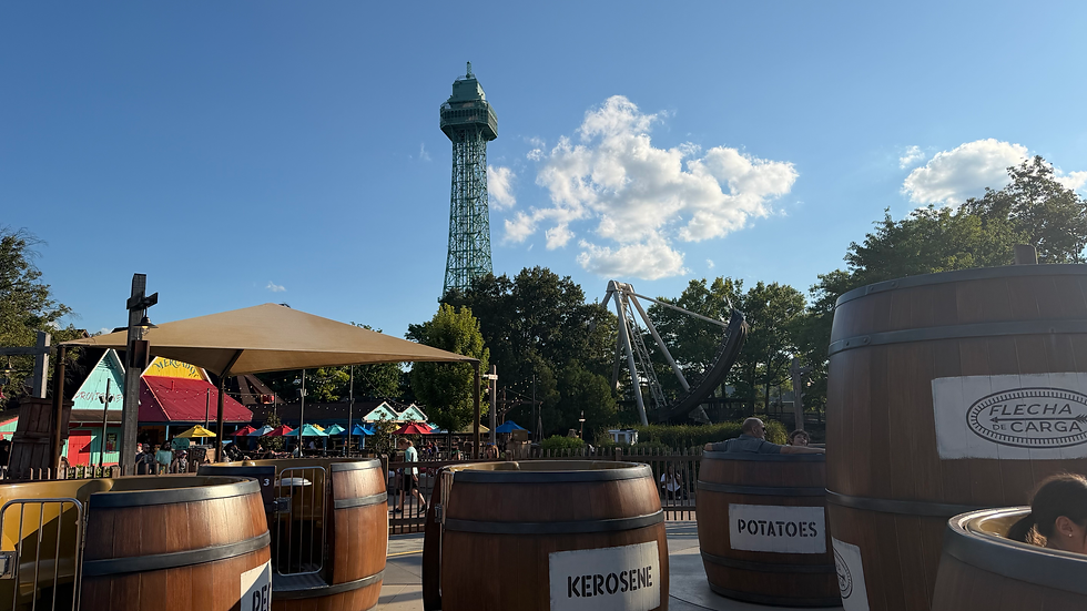 View of the Eiffel Tower at Kings Island as seen from the Cargo Loco ride.