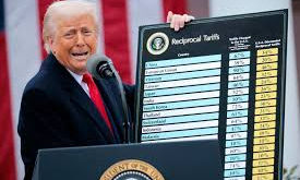 Donald Trump holding tariff signs
