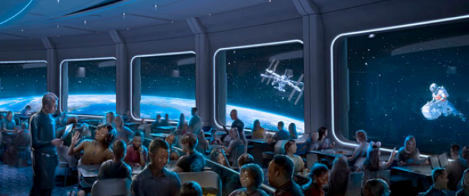 Space 220 promotional rendering showing a crowd of people dining with large windows and space ships in the background.