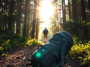 Image of a man hiking in the forest, his backpack on the ground on the trail.