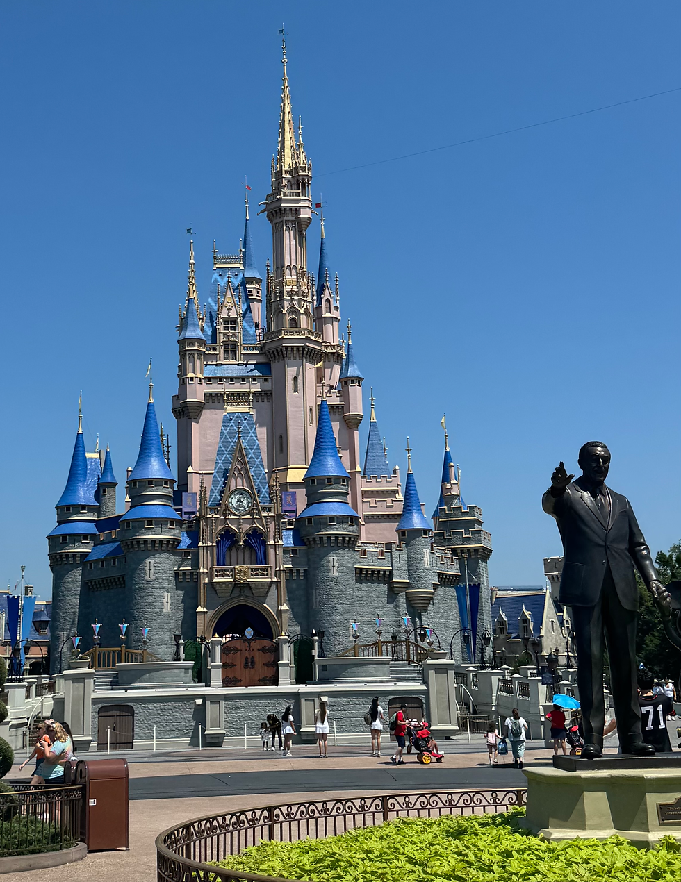Cinderella's Castle at Walt Disney World's Magic Kingdom in its 50th anniversary pink color scheme.