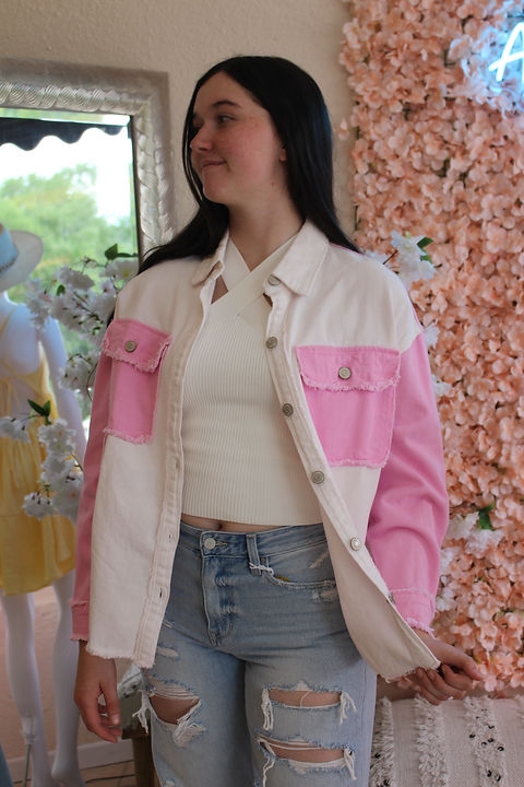 Pink and white denim jacket clearance