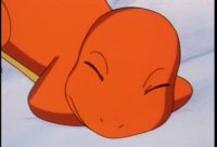 Orange cartoon character lies resting with eyes closed on a light background, looking calm and content.