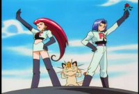 Team Rocket pose with Meowth on a hill under a blue sky, red R on their white uniforms, looking defiant