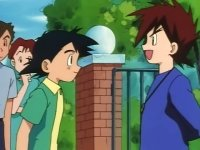 Ash Ketchum and Gary Oak face each other, smiling in conversation near a brick fence with greenery. Others stand in the background.
