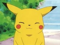 Pikachu smiling outdoors. Green bushes and steps in the background. Bright and cheerful mood.