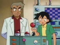 Ash Ketchum in a green shirt holds a red and white sphere in a lab with machinery. Professor Oak in a lab coat watches. Mood is focused.